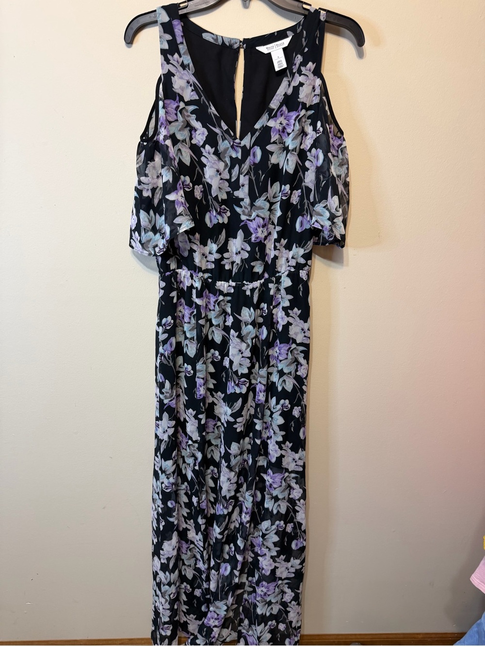 White House Black Market Black Maxi Dress with Lavender Floral Print